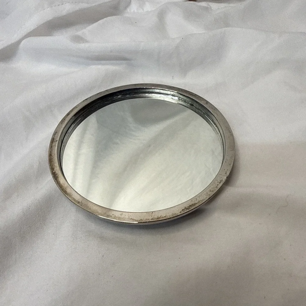 Vintage Silver Plate Round Makeup Vanity /Purse Hand Mirror 3.75